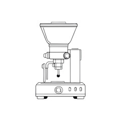 Espresso coffee grinder in outline style side view, modern barista machine illustration for café branding, kitchen posters and coffee-related content on transparent background.