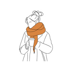Young woman with top bun holding coffee cup in warm scarf, cozy autumn style illustration for seasonal blogs, fashion posts and hygge lifestyle visuals on transparent background.