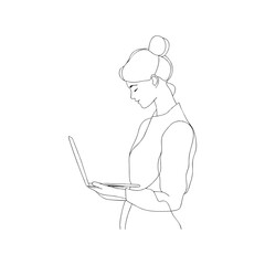 Minimalist businesswoman with bun hairstyle working on laptop, elegant and calm flat illustration for career coaching, productivity content and women in tech visuals on transparent background.