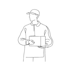 Delivery man holding box in cap and uniform, line drawing illustration of courier in flat style for logistics services, shipping apps, and delivery branding on transparent background.
