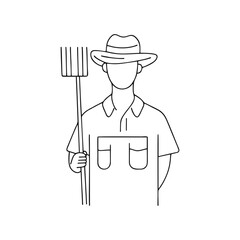 Farmer in hat holding pitchfork front view, simple line art character illustration for agricultural content, farming websites and organic food branding on transparent background.