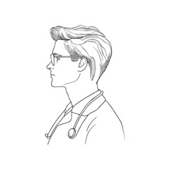 Male doctor in profile with glasses and stethoscope, clean line art medical professional illustration for healthcare materials, hospital branding and wellness content on transparent background.