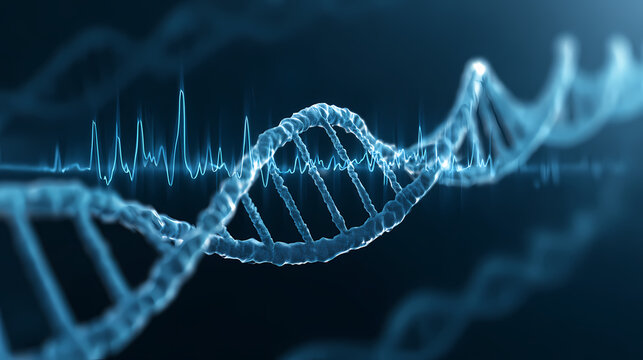 Soft rotating dna helix with pulse graph on blue background. gene loop. Illustration