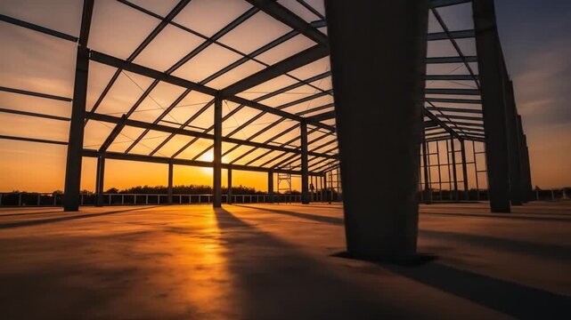 Empty metal building under construction at sunset steel framework construction building architectures structure empty construction site sunset sunrise daylight commercial editorial photo
