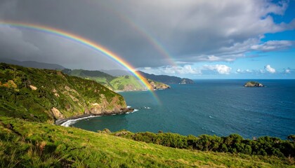 Rainbow spanning coastline under stormy clouds with verdant hills and blue ocean
