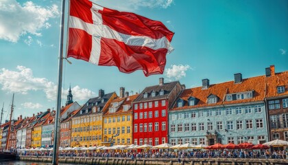 a vibrant danish flag waves proudly above the colorful, historic buildings lining nyhavn harbor in copenhagen, denmark.
