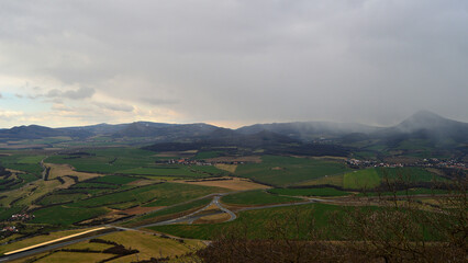 Cloud-Covered Czech Uplands Landscape with Rural Patchwork