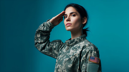 American soldier saluting on blue background