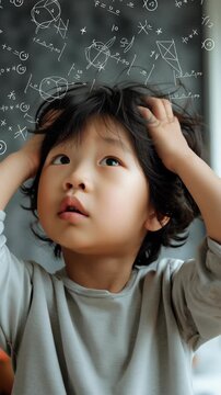 A korean child looking confused and frustrated, math formulas and algebraic symbols floating above their head, quadratic formula, integrals, geometric shapes, soft focus background,