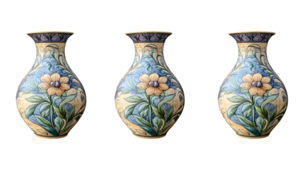 Three Ceramic Vases with Yellow Flowers and Pastel Colors on white or transparent background.
