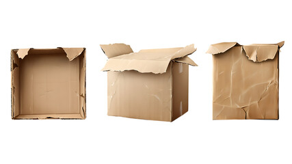 Three Cardboard Boxes Open and Closed with Visible Wear on white or transparent background.
