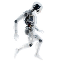 Transparent robotic humanoid with visible internal parts and complex mechanisms