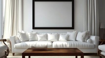 White living room with framed artwork
