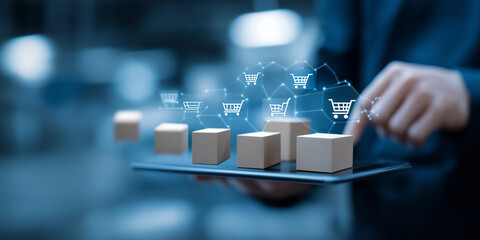 Person interacts with digital interface displaying network of shopping cart icons and cardboard boxes, symbolizing e commerce and supply chain management. image conveys futuristic