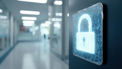 Digital padlock icon on a digital screen in a modern hospital corridor, a data protection and cyber security concept