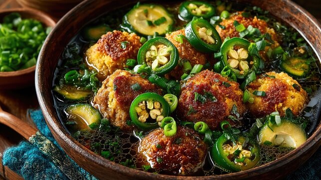 Niger dish Djerma Stew Millet balls with okra and meat sauce beige balls in green-brown stew