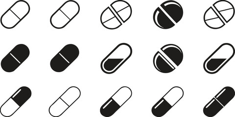 Collection of Pill and Capsule Illustrations Representing Medical Treatments and Pharmaceuticals for Health and Wellness