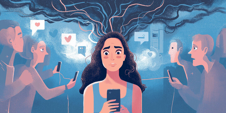 Woman looks overwhelmed by social media notifications, surrounded by people phones. Her expression reflects anxiety as digital messages and icons swirl around her, symbolizing mental health