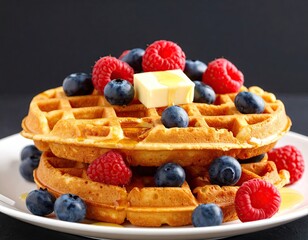 Stack of waffles topped with fresh berries and butter