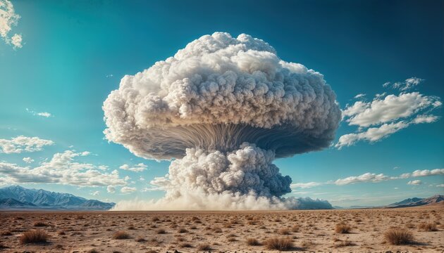 a massive mushroom cloud billows into a clear blue sky over a vast, arid desert landscape with distant mountains.