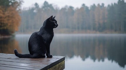 Black cat lake dock autumn serene nature