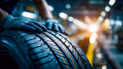 Close-up of a tire being inspected in an automotive workshop with a bright background light