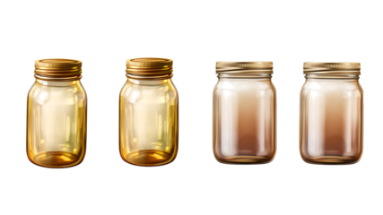 Four Empty Mason Jars with Gold Lids in a Row on white or transparent background.

