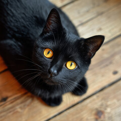 Black Cat with Yellow Eyes on Wooden Floor - Pet Appreciation Concept 
