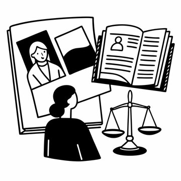 lawyer reading documents, scales, black and white clip art preview