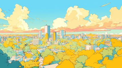 入道雲とビルのコントラストが美しい夏の都市風景を描いた1980年代風レトロアニメタッチの手描き風イラスト｜青空、都市の記憶、ビル群、レトロな夏景色、昭和感、ノスタルジックイラスト、街