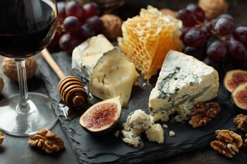 Blue cheese board with honeycomb, figs, grapes and red wine – generative AI
