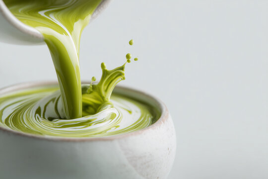 Milk swirling into matcha tea, overflow on surface, ceramic cup with splash details – generative AI