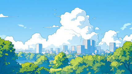 巨大な入道雲が都会の空に浮かび上がる、夏の都市のノスタルジックな1980年代風レトロアート｜昭和アニメ、シティポップ、ビル街、青空、夏の風景、風通しの良い街角、レトロ感、懐かしの都市風景