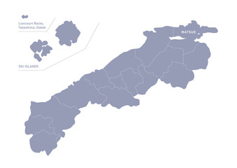 グレー色の日本地図, 島根県の行政区分付き地図, Gray colored map of Japan, Shimane prefecture