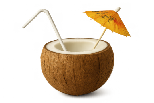 Coconut cocktail served inside a coconut shell with drinking straw and cocktail umbrella, isolated on transparent background - Powered by Adobe