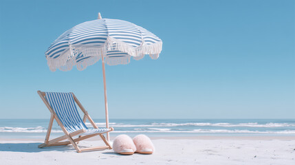 Beach Scene Invites Relaxation. Chair, umbrella, slippers create a serene coastal setting for summer marketing, vacation design, or editorial use.