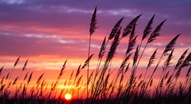 Dramatic sunset over a field of tall grass, silhouettes against vibrant sky