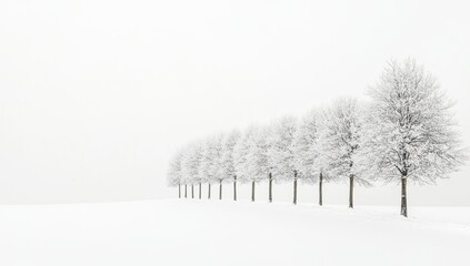 Fototapeta premium A snowy landscape with a row of frosted trees