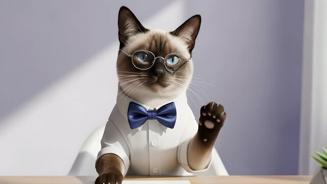 Siamese cat raising paw at desk. Funny pet in shirt and bow tie ready to answer. Animal consultant, business mascot, online meeting, adorable assistant concept.