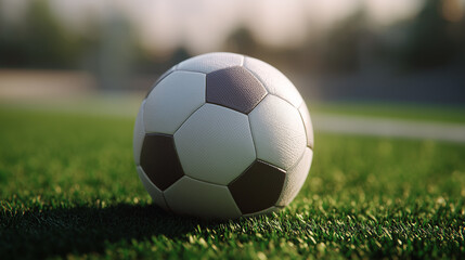 Soccer ball rests on green grass. Sports, soccer, football concept for web use, marketing, and design.