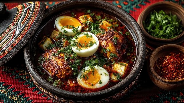 Ethiopia dish Doro Wat Spicy chicken stew with hard-boiled eggs served with injera