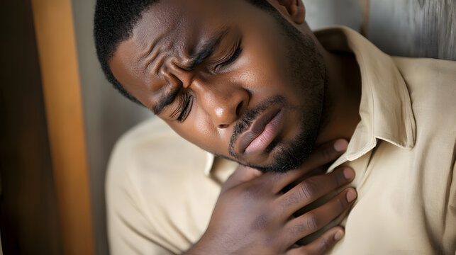 Close-up of an African American man with a pained expression, clutching his throat. Depicts sore throat, pain, or difficulty breathing
