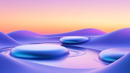 Abstract Landscape with Glossy Podiums and Smooth Purple Hills Background