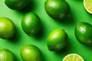 Bright green limes arranged on a vibrant green background with lime slices for a fresh and citrusy display