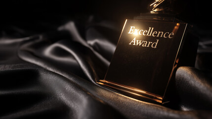 Excellence Award glows on dark fabric. Symbolizes achievement, recognition. Use for marketing, editorial, or website design.