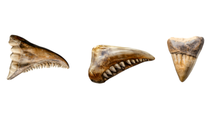 Three Ancient Shark Teeth with Serrated Edges. White or transparent background.
