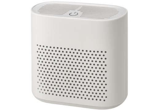 Sleek white air purifier featuring a perforated design and power button, isolated on a transparent background for easy integration