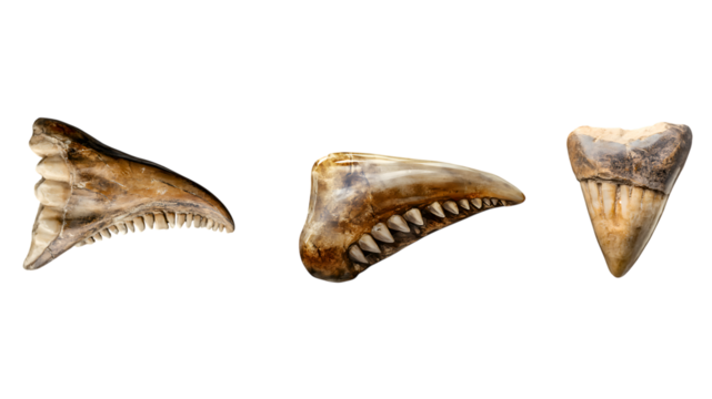 Three Ancient Shark Teeth with Serrated Edges. White or transparent background.
