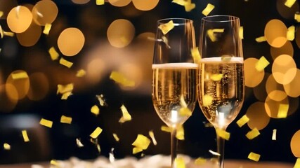 Two champagne glasses filled with bubbly liquid surrounded by falling yellow confetti and bokeh lights - Powered by Adobe