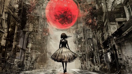 Girl walks dystopian city, red moon, album art